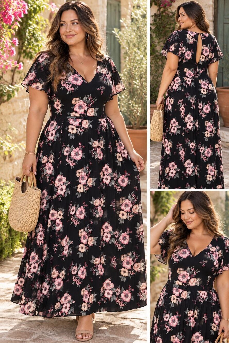 Torrid 1X Floral Maxi Dress Black Pink Wrap Style Elastic Waist Garden Boho Date